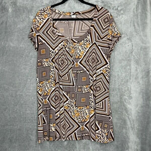 Lia Lee 2X Shirt Top Brown Geometric Cap Short Sleeve Scoop Neck Stretch Womens